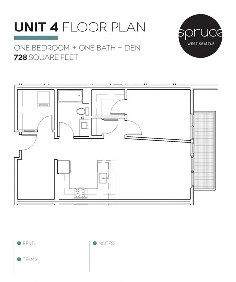 Floor plan for 1 bed, 1 bath, 728 sqft